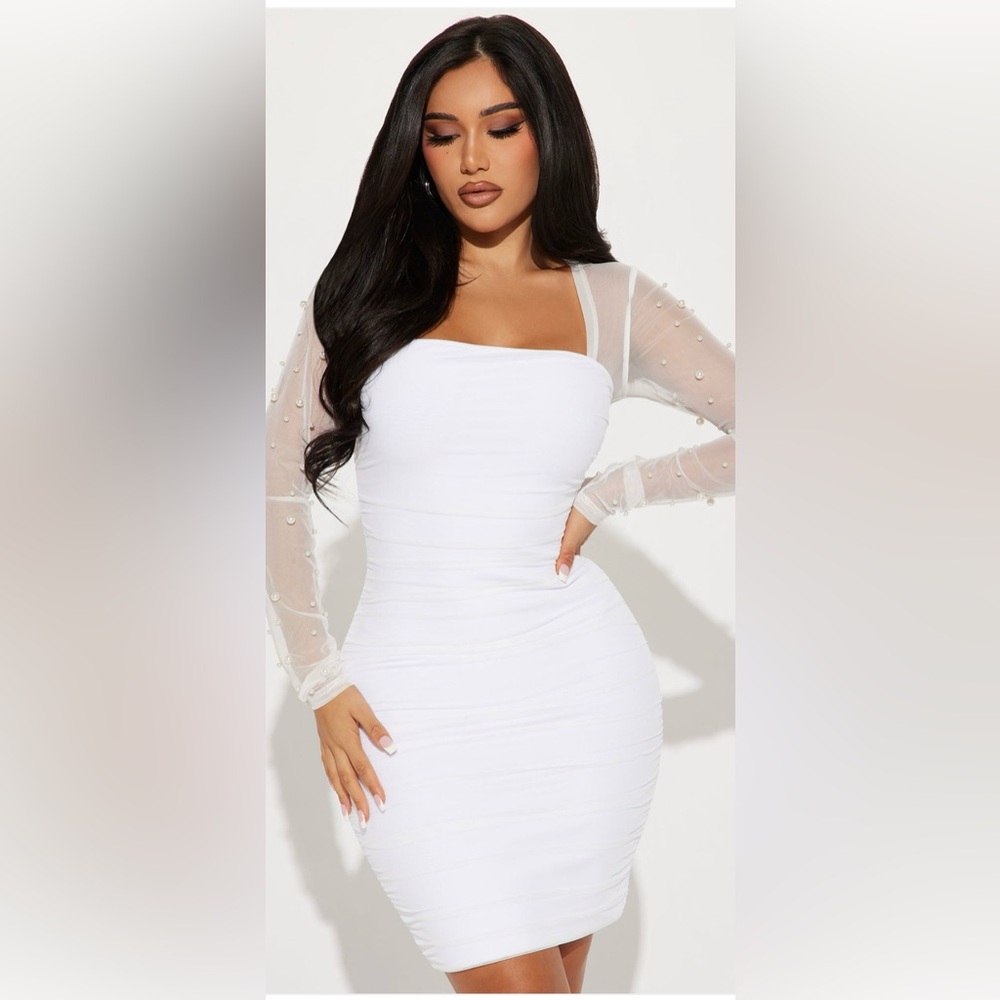 Fashion Nova Elegant White Dress with Sheer Sleeves - Maia Mesh Dress